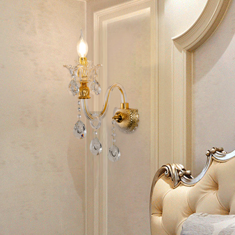 Lisslune | 1/2-Bulb Clear Glass Coated Wall Light Vintage Gold Candle Style Lounge Wall Light with Curved Arm