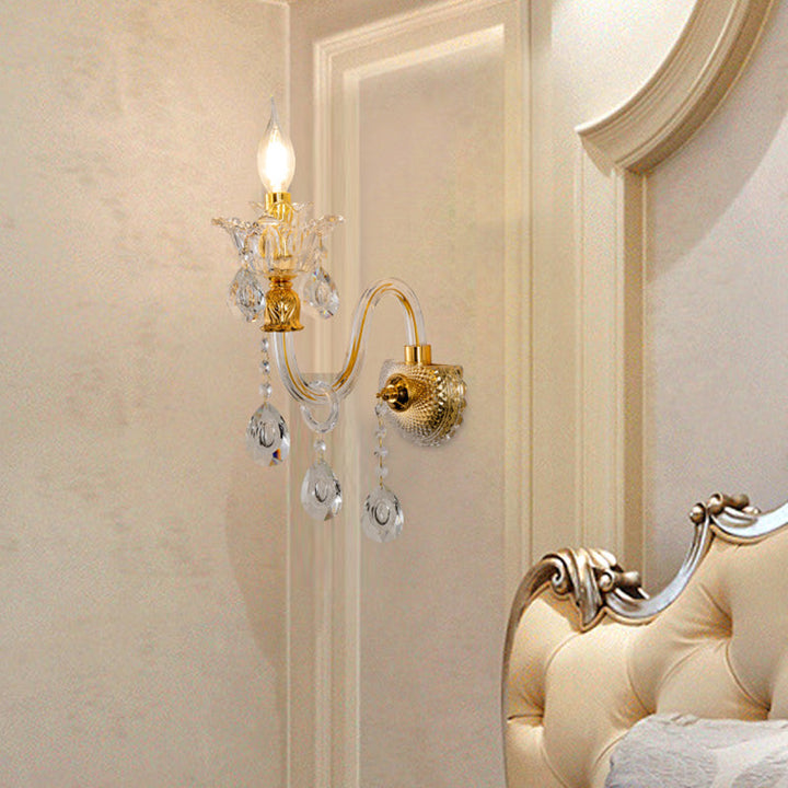 Lisslune | 1/2-Bulb Clear Glass Coated Wall Light Vintage Gold Candle Style Lounge Wall Light with Curved Arm