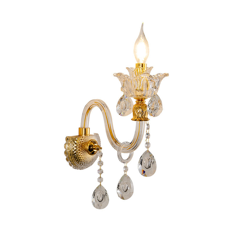 Lisslune | 1/2-Bulb Clear Glass Coated Wall Light Vintage Gold Candle Style Lounge Wall Light with Curved Arm