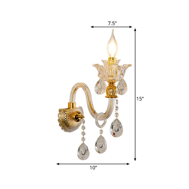 Lisslune | 1/2-Bulb Clear Glass Coated Wall Light Vintage Gold Candle Style Lounge Wall Light with Curved Arm