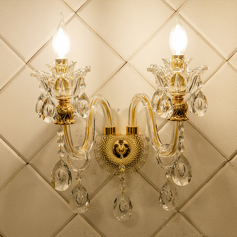 Lisslune | 1/2-Bulb Clear Glass Coated Wall Light Vintage Gold Candle Style Lounge Wall Light with Curved Arm