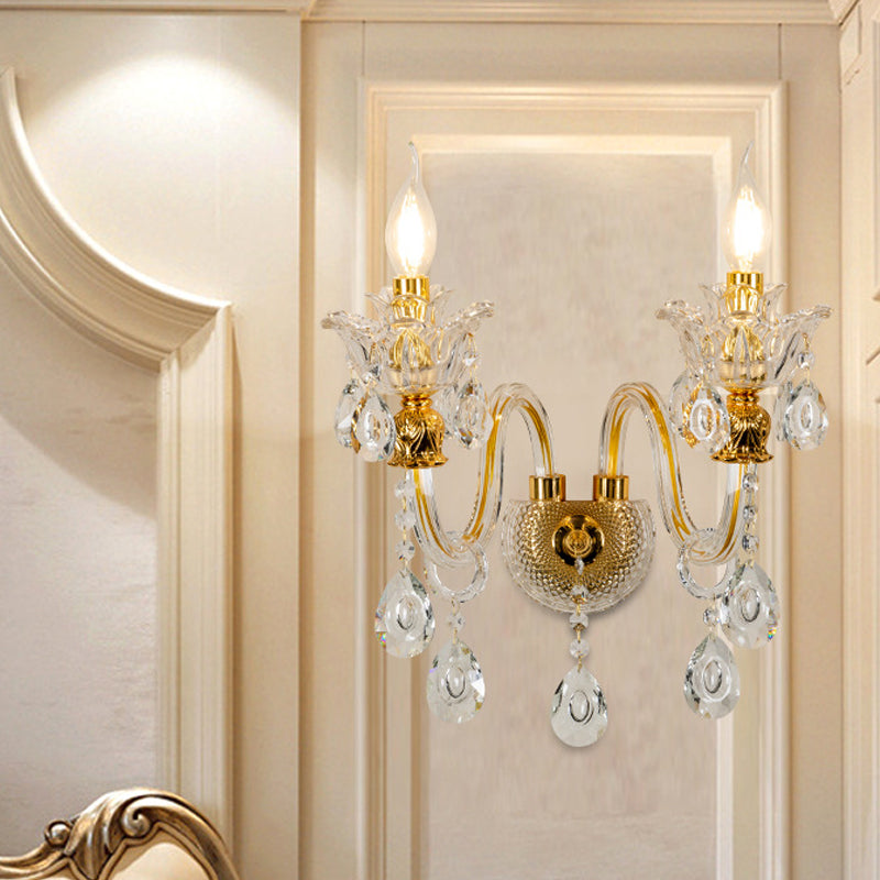 Lisslune | 1/2-Bulb Clear Glass Coated Wall Light Vintage Gold Candle Style Lounge Wall Light with Curved Arm