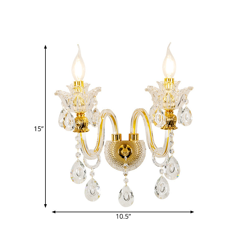 Lisslune | 1/2-Bulb Clear Glass Coated Wall Light Vintage Gold Candle Style Lounge Wall Light with Curved Arm