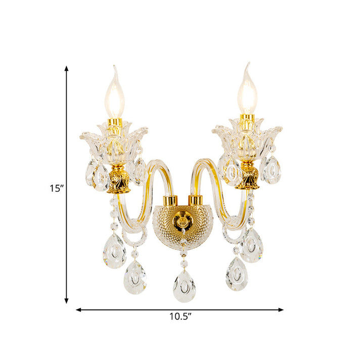 Lisslune | 1/2-Bulb Clear Glass Coated Wall Light Vintage Gold Candle Style Lounge Wall Light with Curved Arm