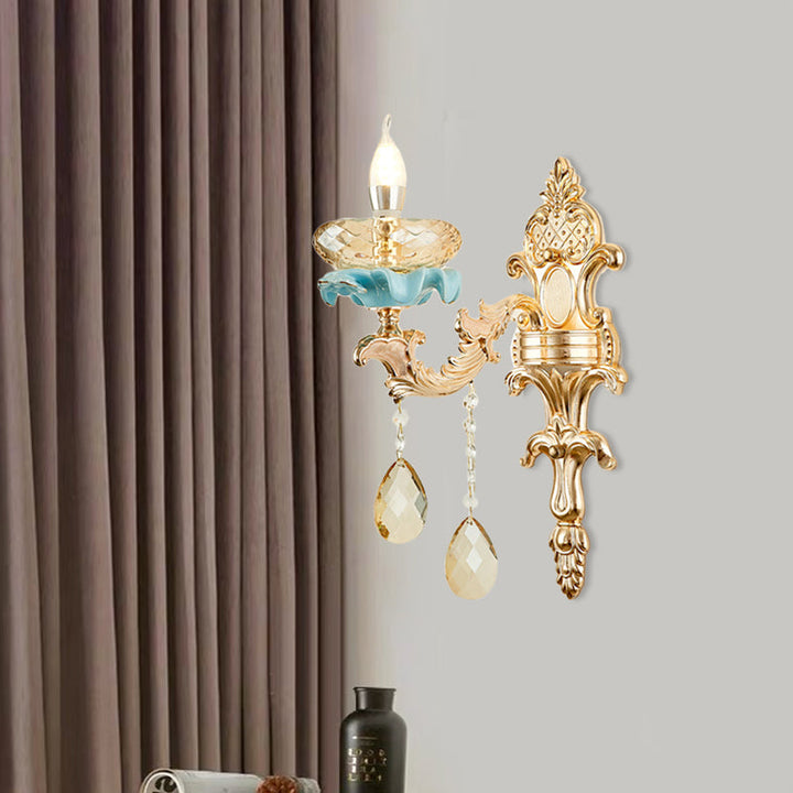 Lisslune | Antiqued Candle Holder Wall Mount Lamp 1/2-Light K9 Crystal Wall Sconce with Ceramic Plastic in Gold