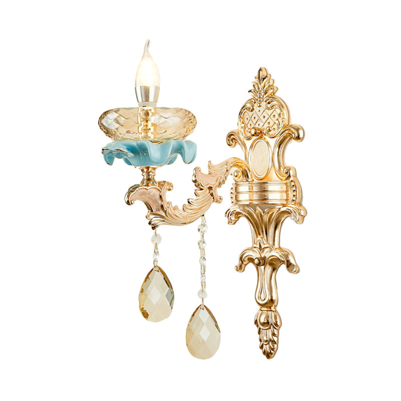 Lisslune | Antiqued Candle Holder Wall Mount Lamp 1/2-Light K9 Crystal Wall Sconce with Ceramic Plastic in Gold