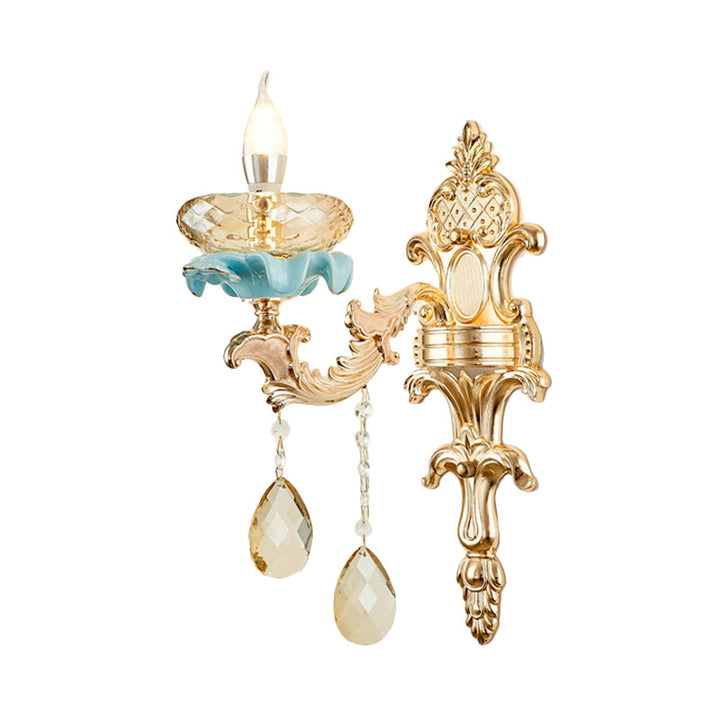 Lisslune | Antiqued Candle Holder Wall Mount Lamp 1/2-Light K9 Crystal Wall Sconce with Ceramic Plastic in Gold