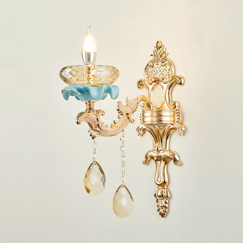 Lisslune | Antiqued Candle Holder Wall Mount Lamp 1/2-Light K9 Crystal Wall Sconce with Ceramic Plastic in Gold