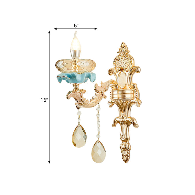 Lisslune | Antiqued Candle Holder Wall Mount Lamp 1/2-Light K9 Crystal Wall Sconce with Ceramic Plastic in Gold