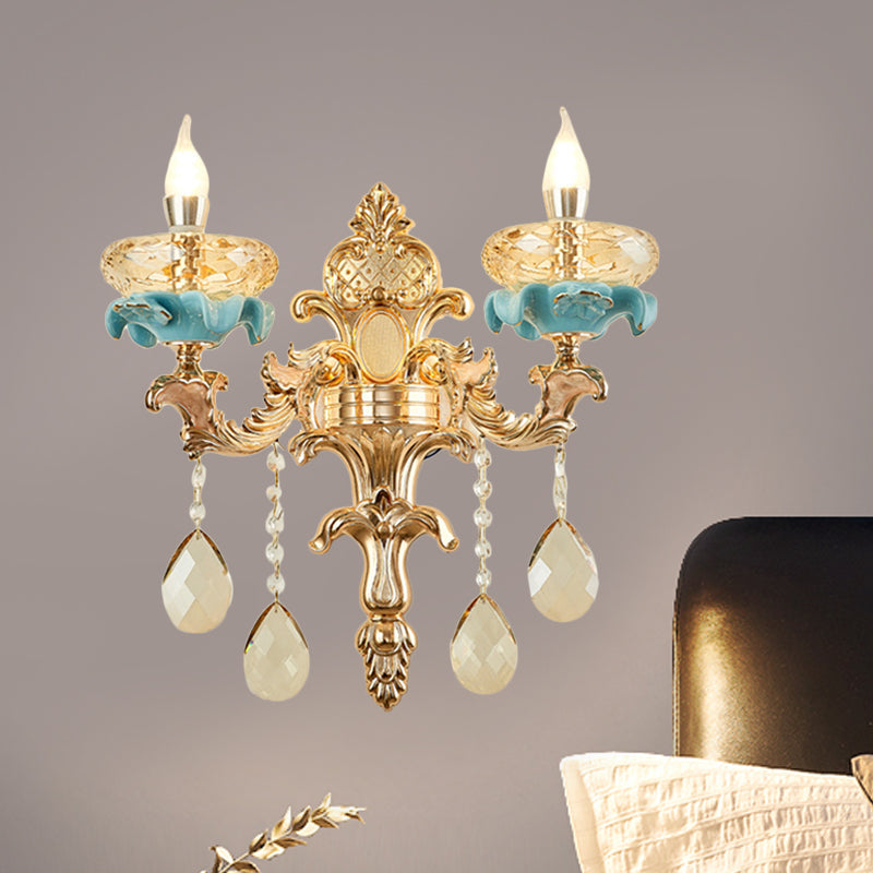 Lisslune | Antiqued Candle Holder Wall Mount Lamp 1/2-Light K9 Crystal Wall Sconce with Ceramic Plastic in Gold