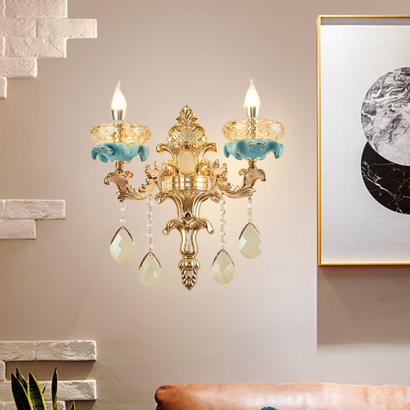 Lisslune | Antiqued Candle Holder Wall Mount Lamp 1/2-Light K9 Crystal Wall Sconce with Ceramic Plastic in Gold