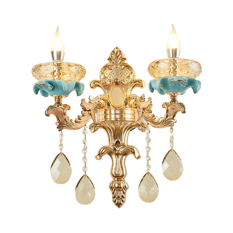 Lisslune | Antiqued Candle Holder Wall Mount Lamp 1/2-Light K9 Crystal Wall Sconce with Ceramic Plastic in Gold
