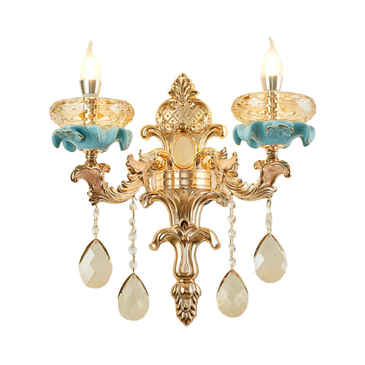 Lisslune | Antiqued Candle Holder Wall Mount Lamp 1/2-Light K9 Crystal Wall Sconce with Ceramic Plastic in Gold