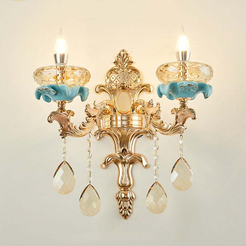 Lisslune | Antiqued Candle Holder Wall Mount Lamp 1/2-Light K9 Crystal Wall Sconce with Ceramic Plastic in Gold