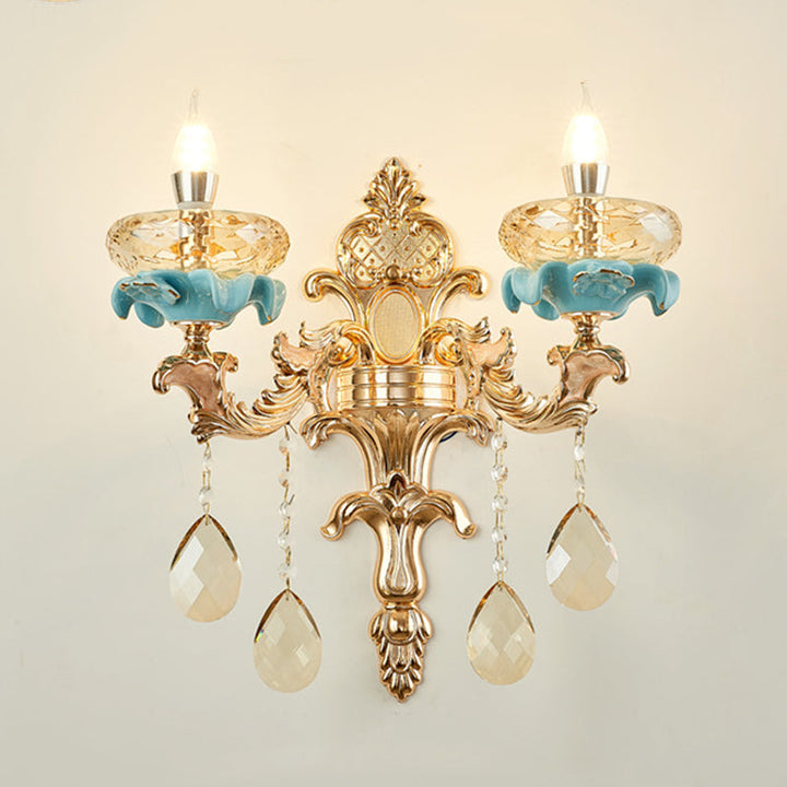 Lisslune | Antiqued Candle Holder Wall Mount Lamp 1/2-Light K9 Crystal Wall Sconce with Ceramic Plastic in Gold