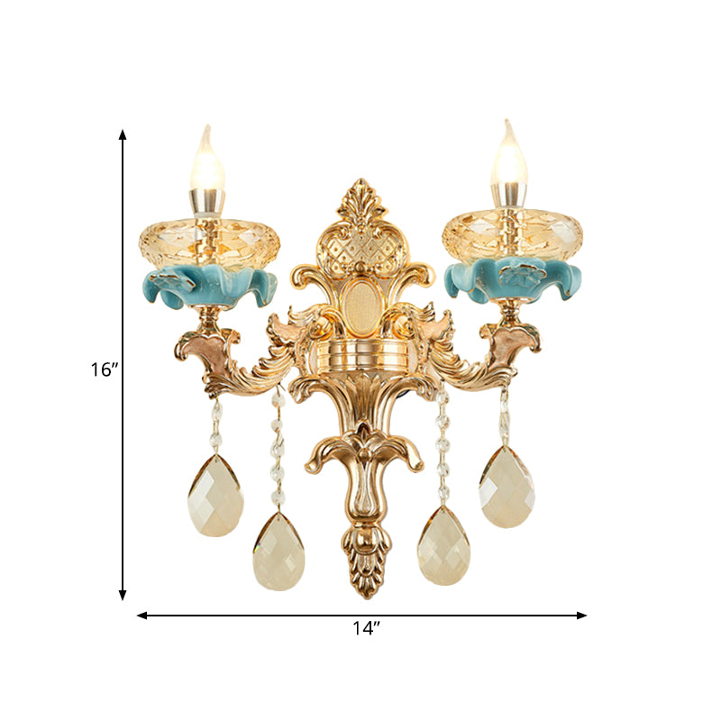 Lisslune | Antiqued Candle Holder Wall Mount Lamp 1/2-Light K9 Crystal Wall Sconce with Ceramic Plastic in Gold