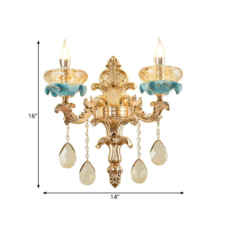 Lisslune | Antiqued Candle Holder Wall Mount Lamp 1/2-Light K9 Crystal Wall Sconce with Ceramic Plastic in Gold