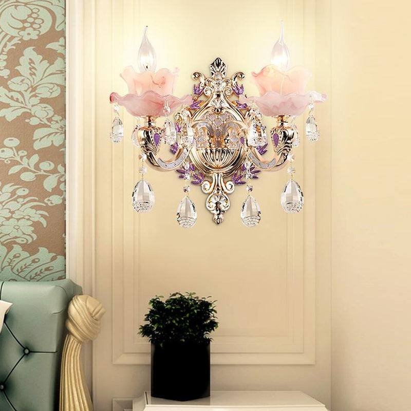 Skørter | Ruffle Purple Glass Wall Lamp Country 1/2-Light Living Room Wall Lighting with K9 Crystal Drop