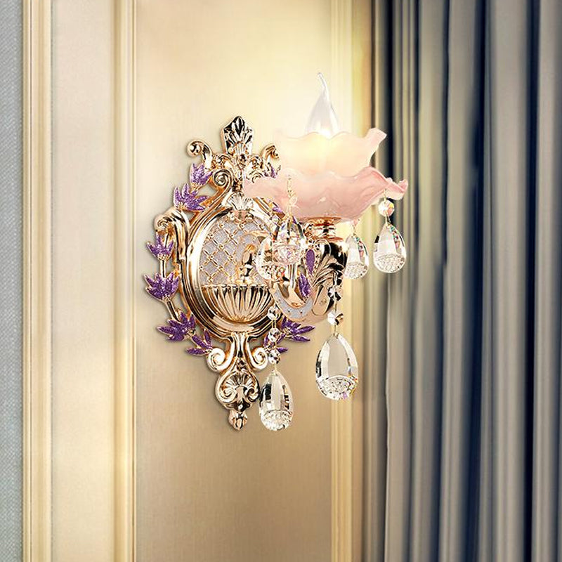 Skørter | Ruffle Purple Glass Wall Lamp Country 1/2-Light Living Room Wall Lighting with K9 Crystal Drop