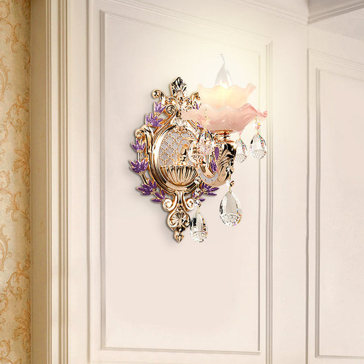 Skørter | Ruffle Purple Glass Wall Lamp Country 1/2-Light Living Room Wall Lighting with K9 Crystal Drop