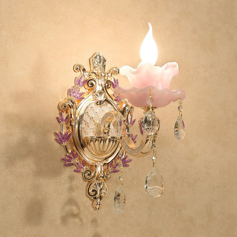 Skørter | Ruffle Purple Glass Wall Lamp Country 1/2-Light Living Room Wall Lighting with K9 Crystal Drop