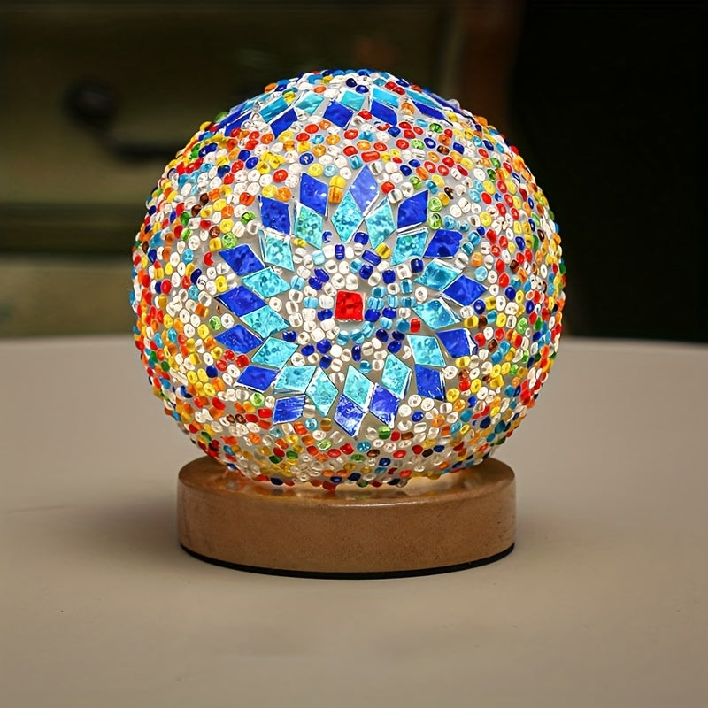Lisslune | Mosaic glass ball table lamp with wooden base - Turkish Moroccan inspired