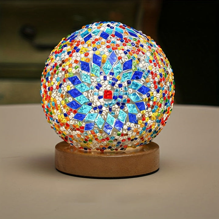 Lisslune | Mosaic glass ball table lamp with wooden base - Turkish Moroccan inspired