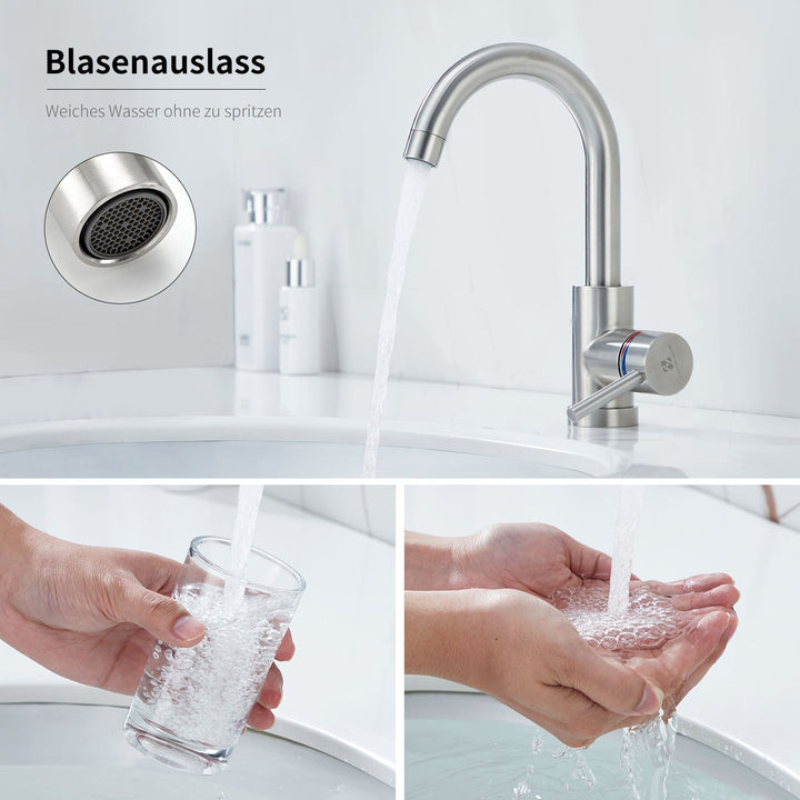 Lisslune | Stainless Steel Low Pressure Basin Mixer Brushed Single Lever Faucet Bathroom
