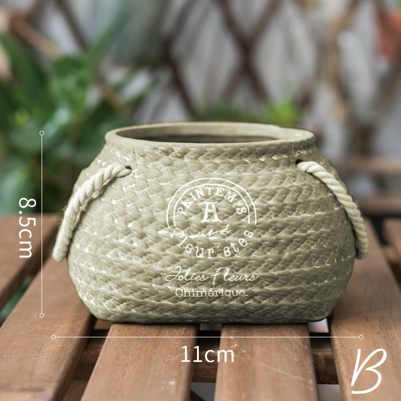 Lisslune | Ceramic Plant Pot in Hemp Bag Design with Rope Handles – Decorative Flower Pot for Garden and Home