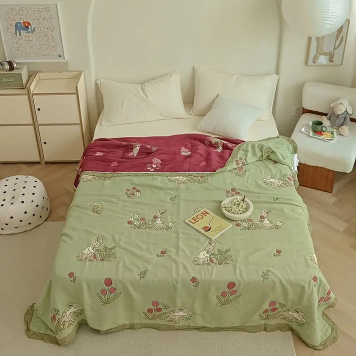 Lisslune | Embroidered Bunny Floral Cotton Blanket