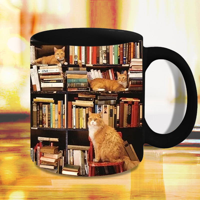 Lisslune | Bookshelf Ceramic Coffee Mug - Gift for Cat Book Lovers