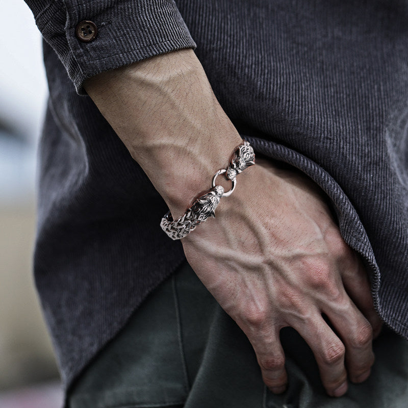 Lisslune | Viking Stainless Steel Double Wolf Head Fenrir Bracelet