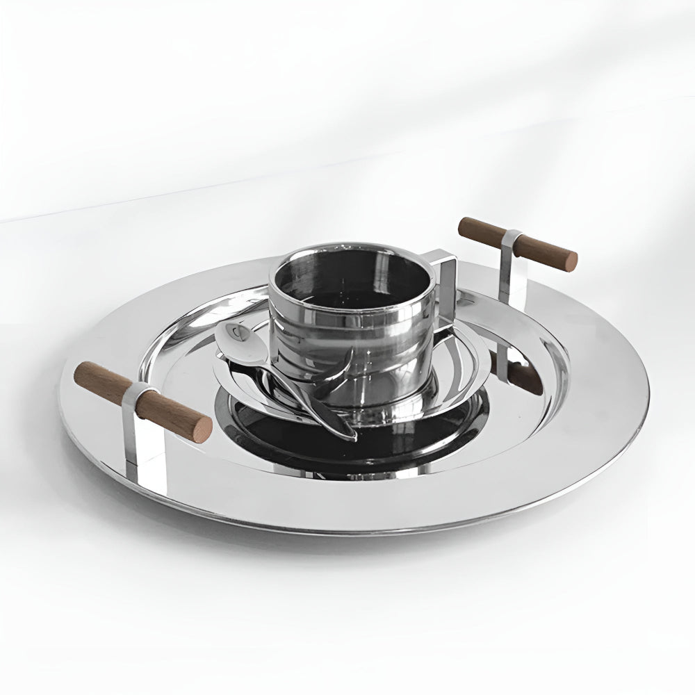 Lisslune | Elegant Stainless Steel Round Tray with Wooden Handles