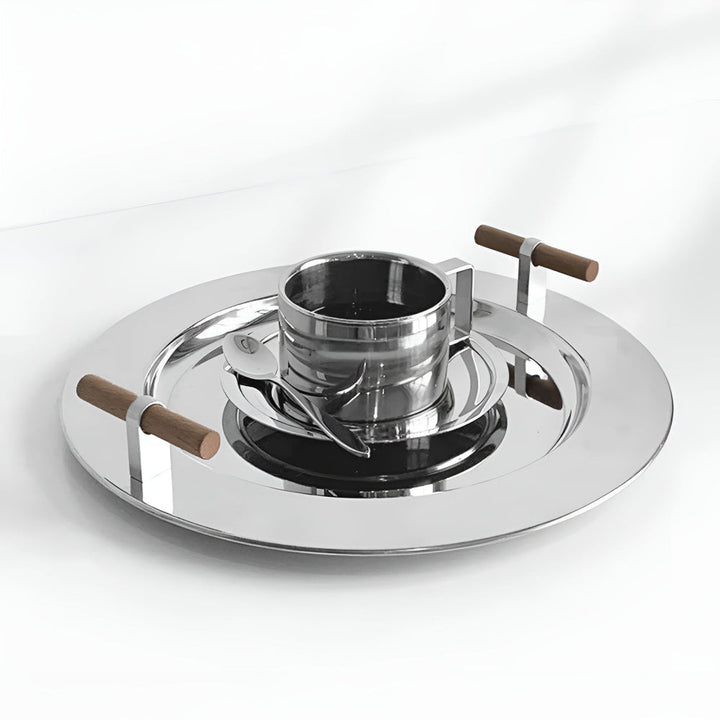 Lisslune | Elegant Stainless Steel Round Tray with Wooden Handles