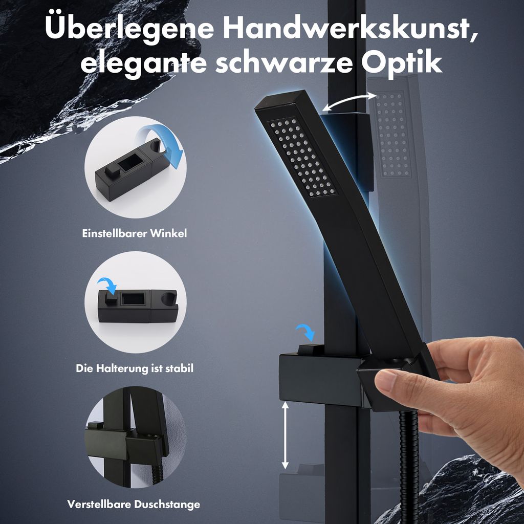 Lisslune | Rain shower without fitting Black shower system without thermostat Shower set Square Stainless steel head shower 30x30CM