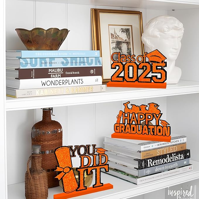 4 Piece Black and Gold Graduation Decorations Class of 2025 Congratulations Graduate Wood Table Centerpieces Graduate Table Decor Congratulations Tiered Shelf Decor for 2025 Graduation Decorations