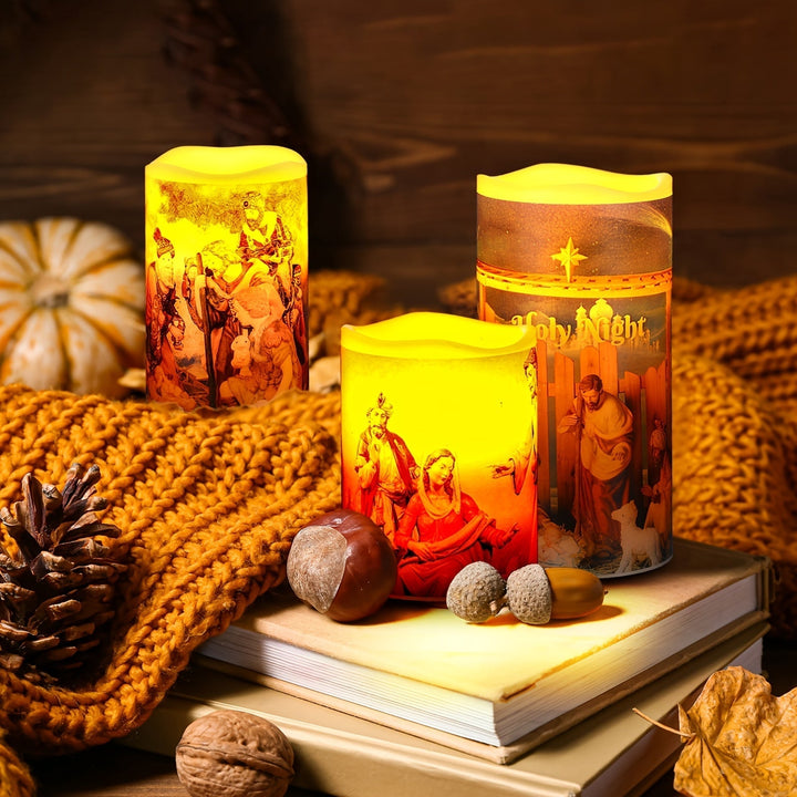 Lisslune | Flameless LED Christmas Candles – 3pcs Battery-Powered Holy Night Lights Candle with Timer Featuring Nativity Scene for Warm Holiday Home Ambience