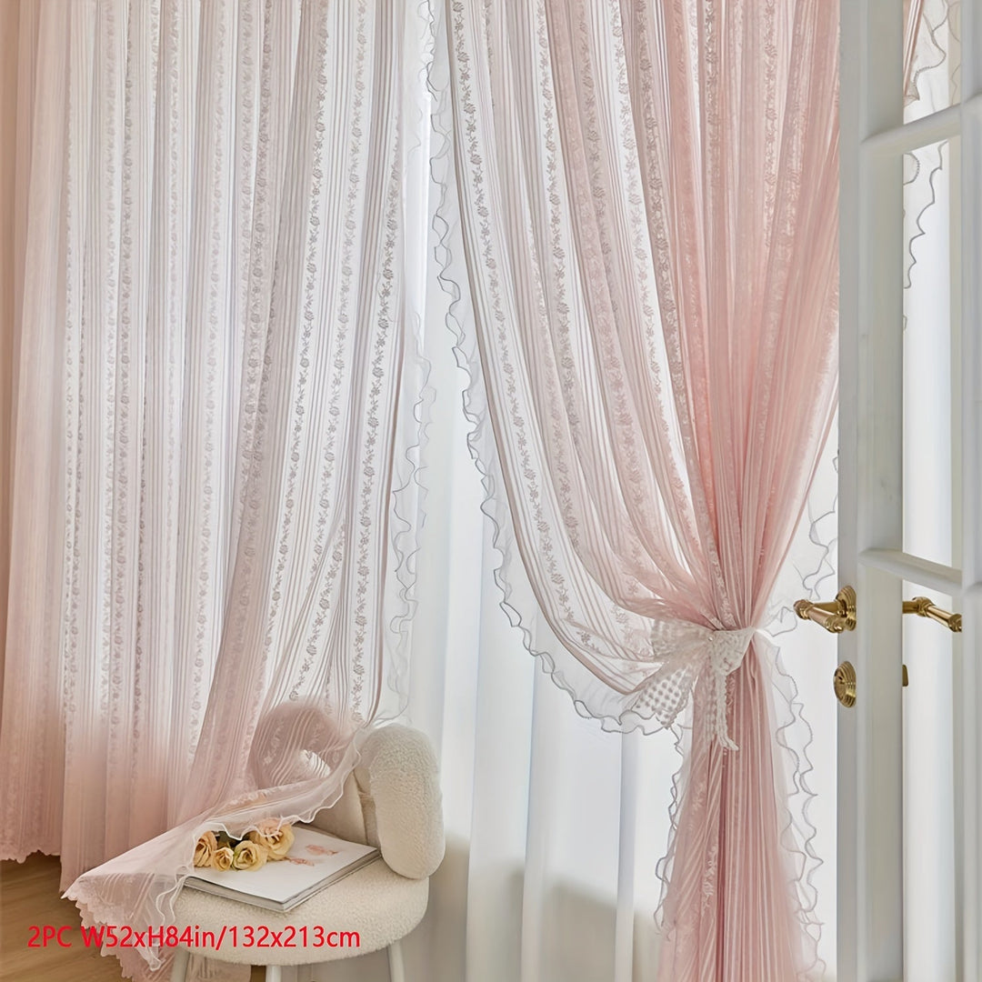 Rynx | 2pcs Pink Lace Ruffle Curtains] 2pcs Aifish Pink Lace Tulle Ruffle Curtains - Double Layer Beaded Voile with Curtain Rod Pocket, Romantic Window Decoration for Bedroom & Living Room, Polyester Fabric, Curtains for Bedroom
