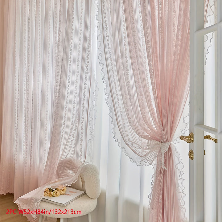 Rynx | 2pcs Pink Lace Ruffle Curtains] 2pcs Aifish Pink Lace Tulle Ruffle Curtains - Double Layer Beaded Voile with Curtain Rod Pocket, Romantic Window Decoration for Bedroom & Living Room, Polyester Fabric, Curtains for Bedroom