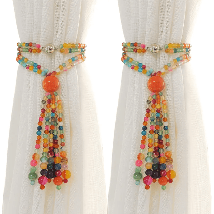 Lisslune | Magnetische Vorhangbindegurte, 2er Pack Bunte Achat Quasten Vorhang Halterungen, Boho Vorhangbänder für dekorative Heimbüros
