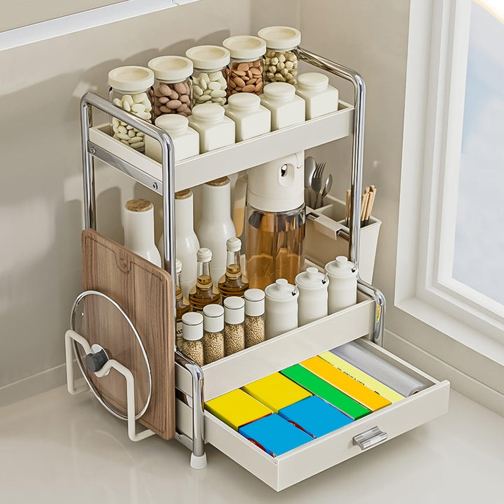Lisslune | Elegant milk-white stainless steel spice organizer with drawers, cutting board, and utensil holder for residential and commercial kitchens
