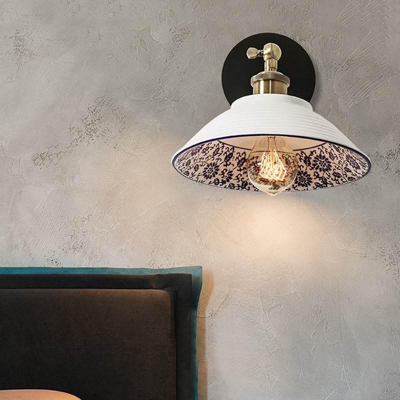 Skørter | 1 Light Wall Mount Lighting Vintage Restaurant Wall Lamp Fixture with Wave/Scalloped Bowl/Ceramic Shade in White
