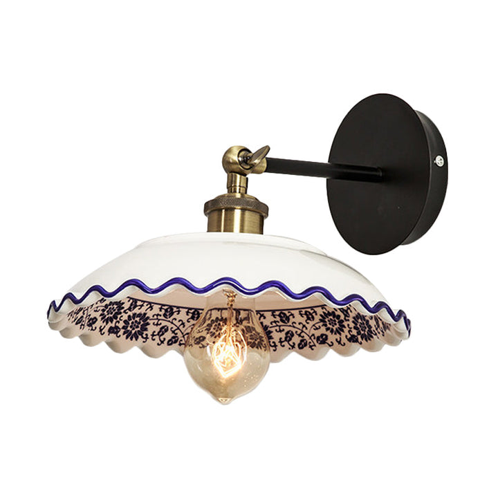 Skørter | 1 Light Wall Mount Lighting Vintage Restaurant Wall Lamp Fixture with Wave/Scalloped Bowl/Ceramic Shade in White