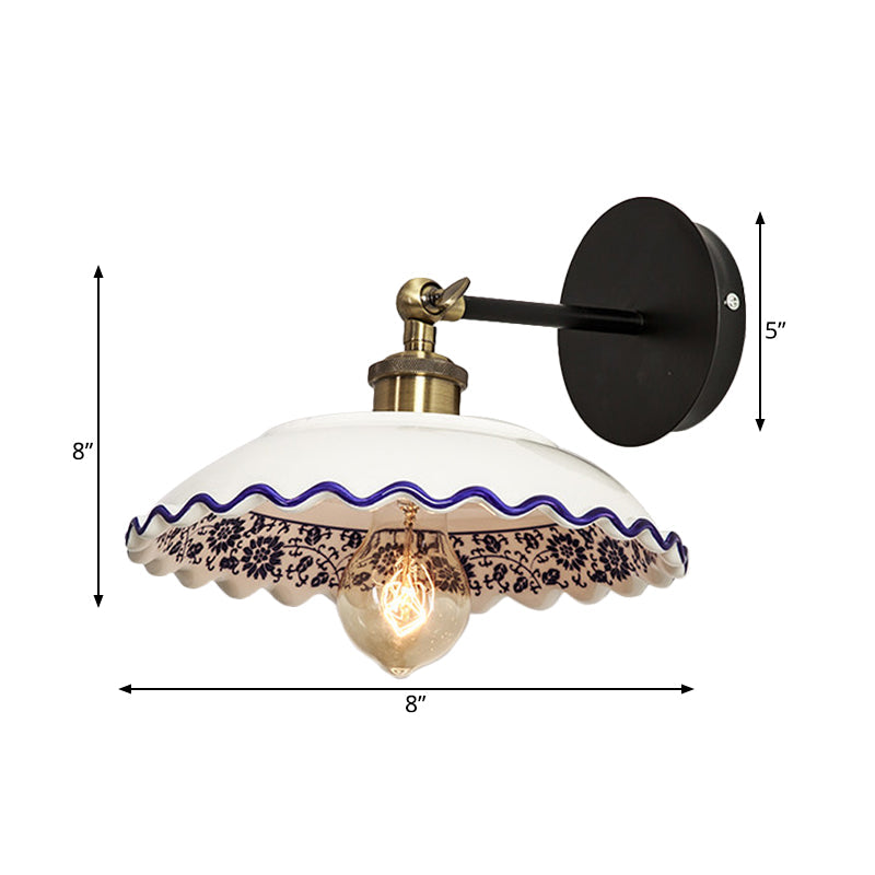 Skørter | 1 Light Wall Mount Lighting Vintage Restaurant Wall Lamp Fixture with Wave/Scalloped Bowl/Ceramic Shade in White