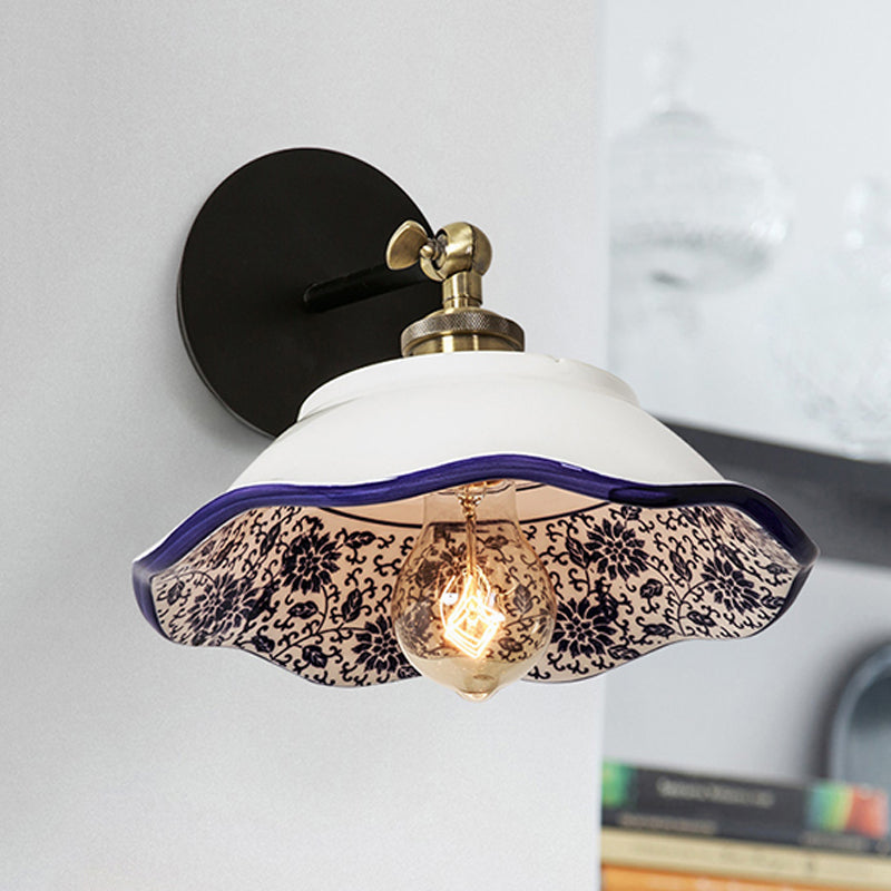 Skørter | 1 Light Wall Mount Lighting Vintage Restaurant Wall Lamp Fixture with Wave/Scalloped Bowl/Ceramic Shade in White