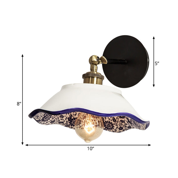 Skørter | 1 Light Wall Mount Lighting Vintage Restaurant Wall Lamp Fixture with Wave/Scalloped Bowl/Ceramic Shade in White