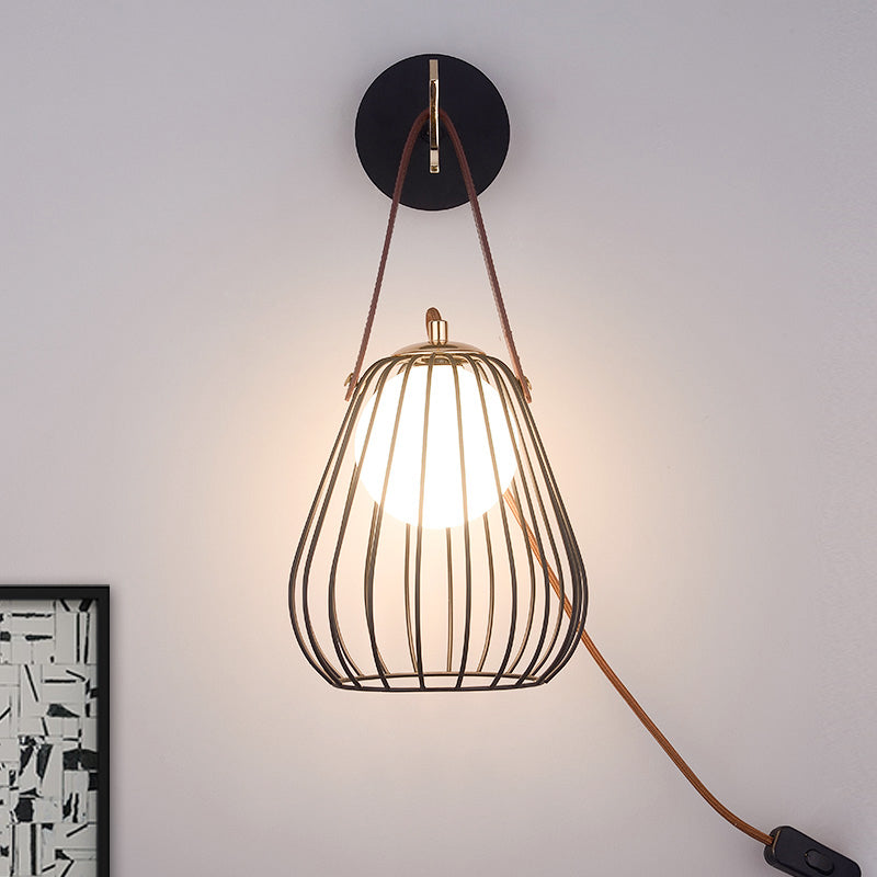Lisslune | Pear cage iron wall sconce minimalist 1-head black surface LED wall lighting ideas with leather handle