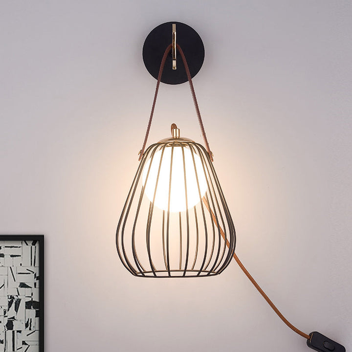 Lisslune | Pear cage iron wall sconce minimalist 1-head black surface LED wall lighting ideas with leather handle