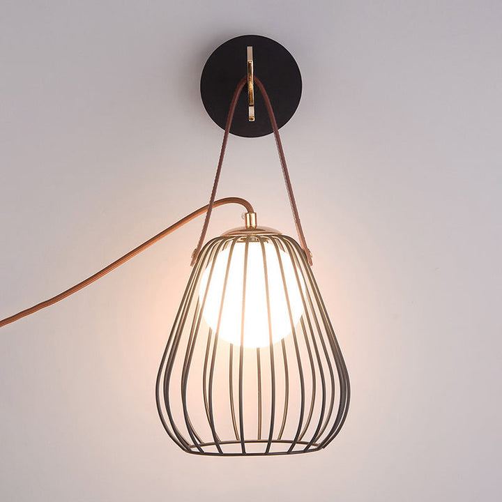Lisslune | Pear cage iron wall sconce minimalist 1-head black surface LED wall lighting ideas with leather handle