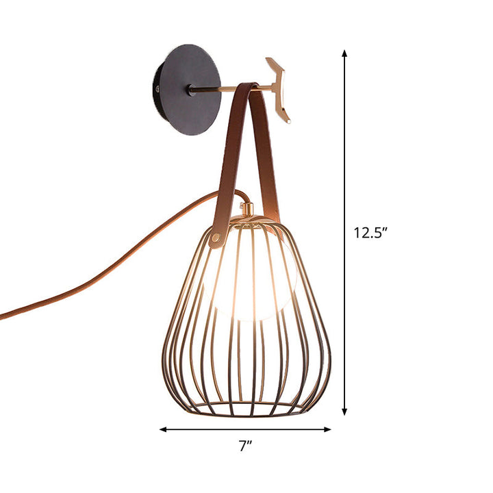Lisslune | Pear cage iron wall sconce minimalist 1-head black surface LED wall lighting ideas with leather handle
